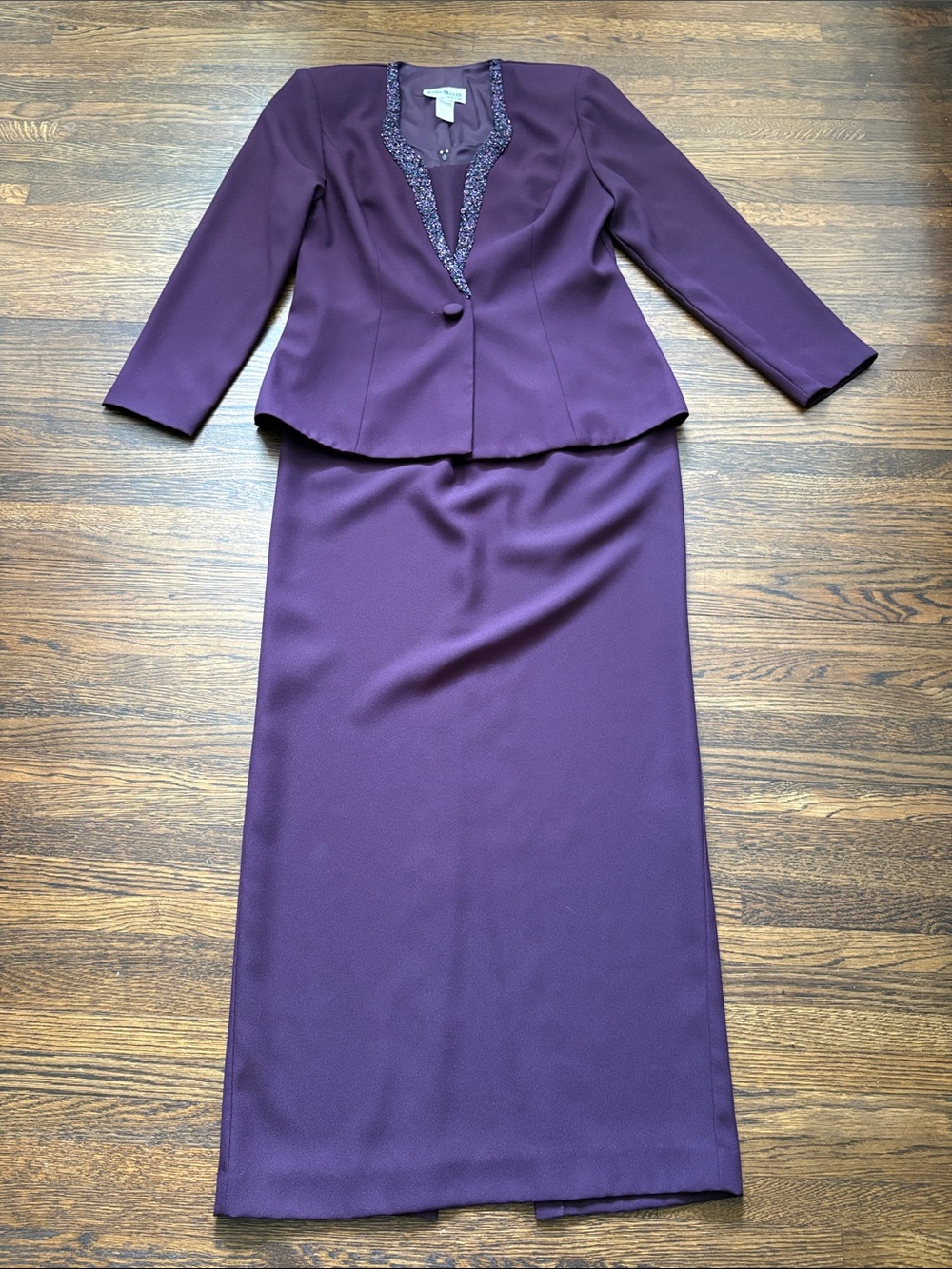Elegant Plum Maxi Dress Suit Set with Beaded Trim